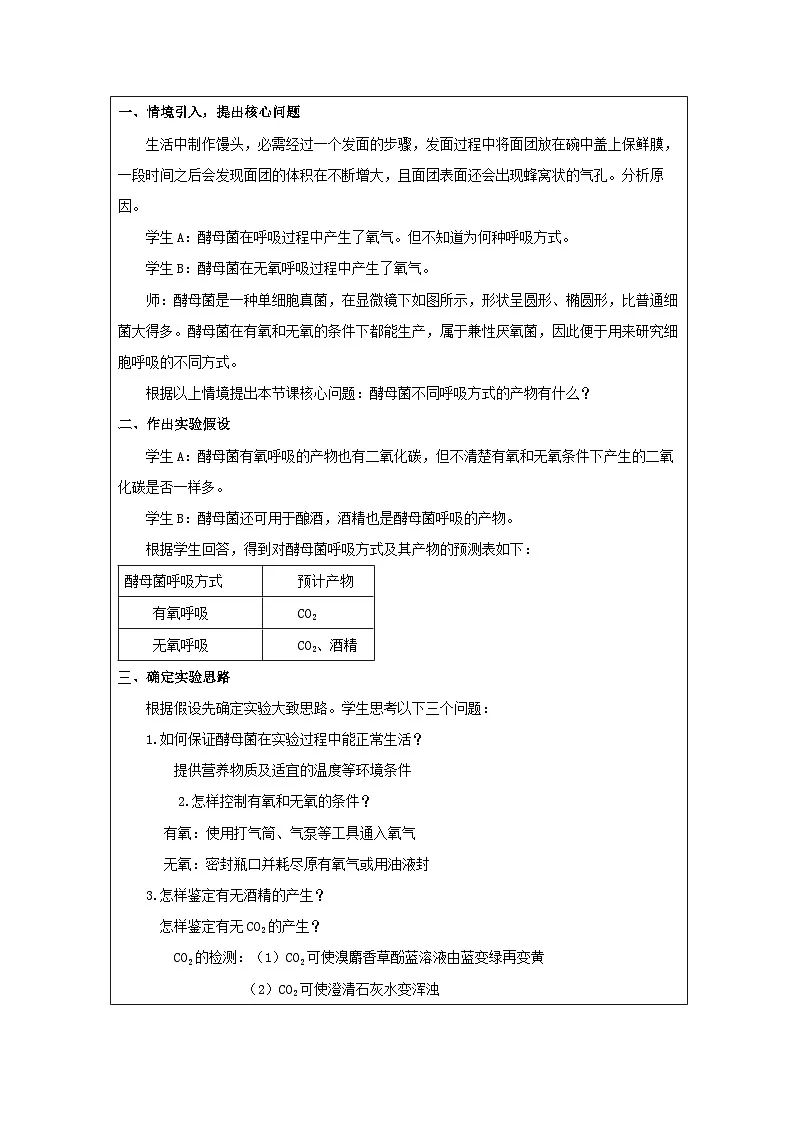 人教版高中生物学必修1 分子与细胞第5章 探究实践 探究酵母菌细胞呼吸的方式 表格式教案第2页
