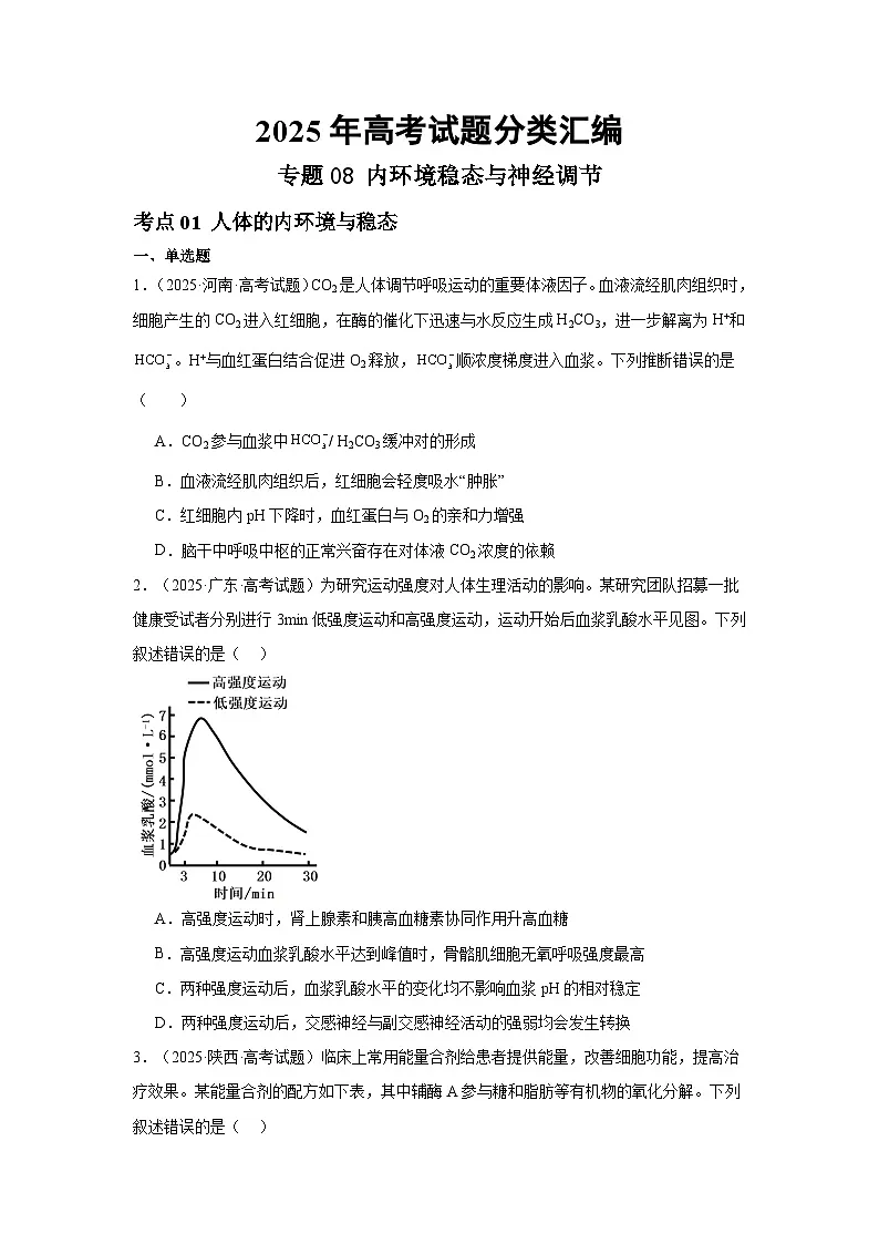 2025年高考生物试题分类汇编 专题08 内环境稳态与神经调节第1页