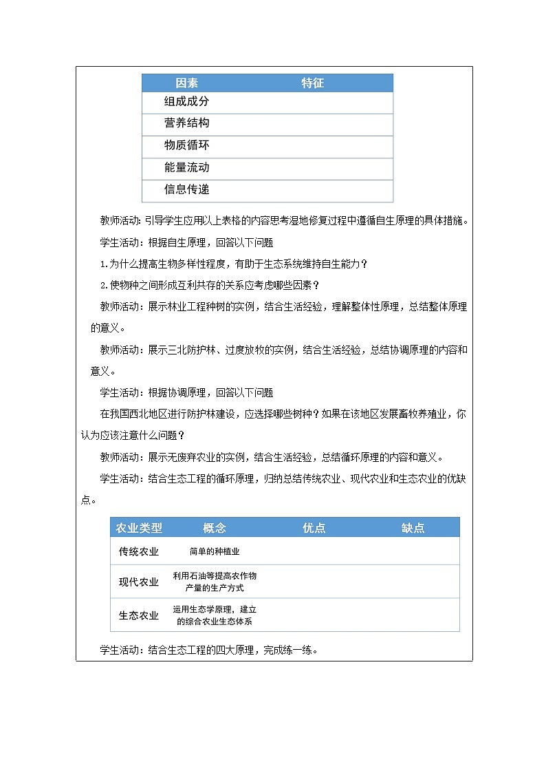 人教版高中生物学 选修2 生物与环境4.1生态工程的基本原理表格式教案第2页