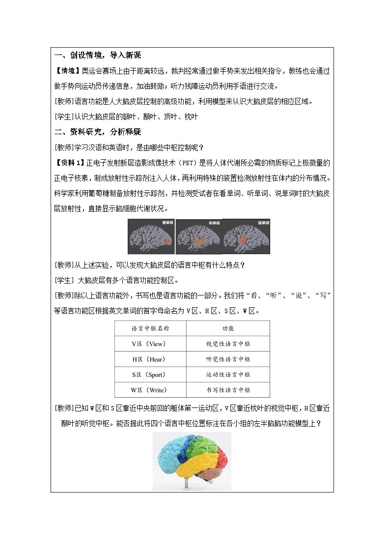人教版高中生物学 选修1 稳态与调节2.5人脑的高级功能表格式教案第2页