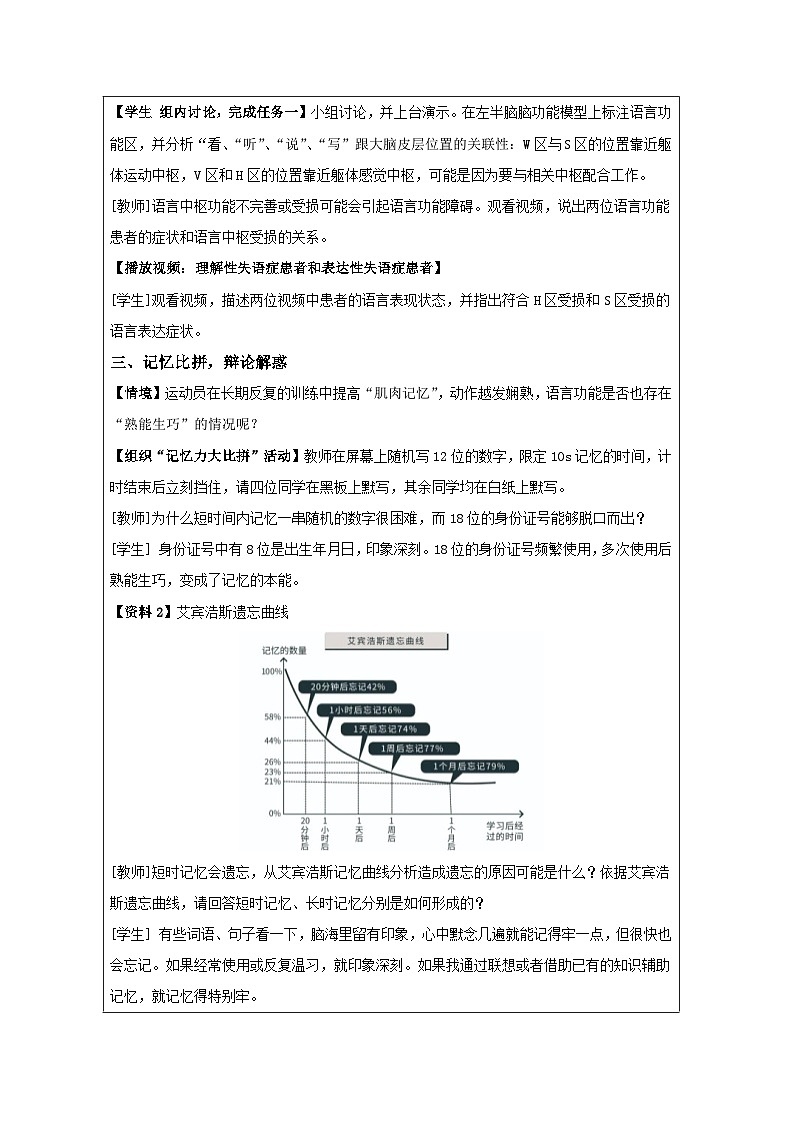 人教版高中生物学 选修1 稳态与调节2.5人脑的高级功能表格式教案第3页