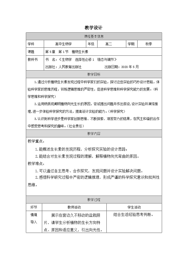 人教版高中生物学 选修1 稳态与调节5.1植物生长素表格式教案第1页