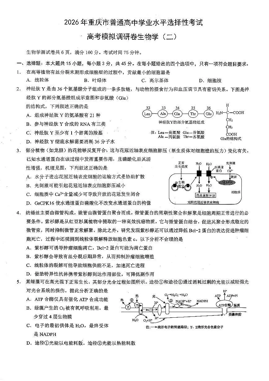 生物-重庆市康德普通高中2026高考模拟调研卷(二)试卷及答案第1页