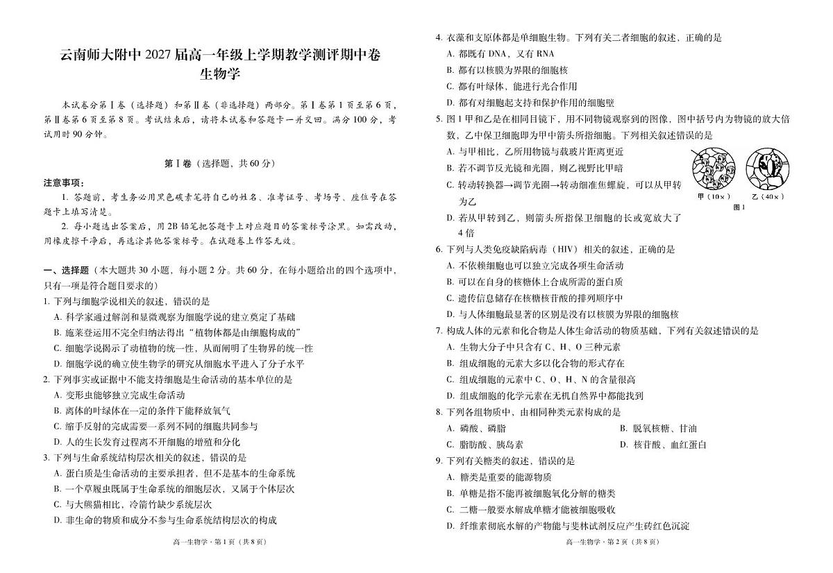云南师范大学附属中学2024-2025学年高一上学期教学测评期中生物试题 第1页