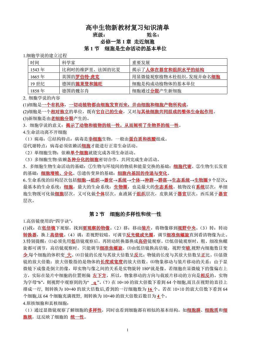 高中生物新教材复习知识清单(共99页)知识清单第1页