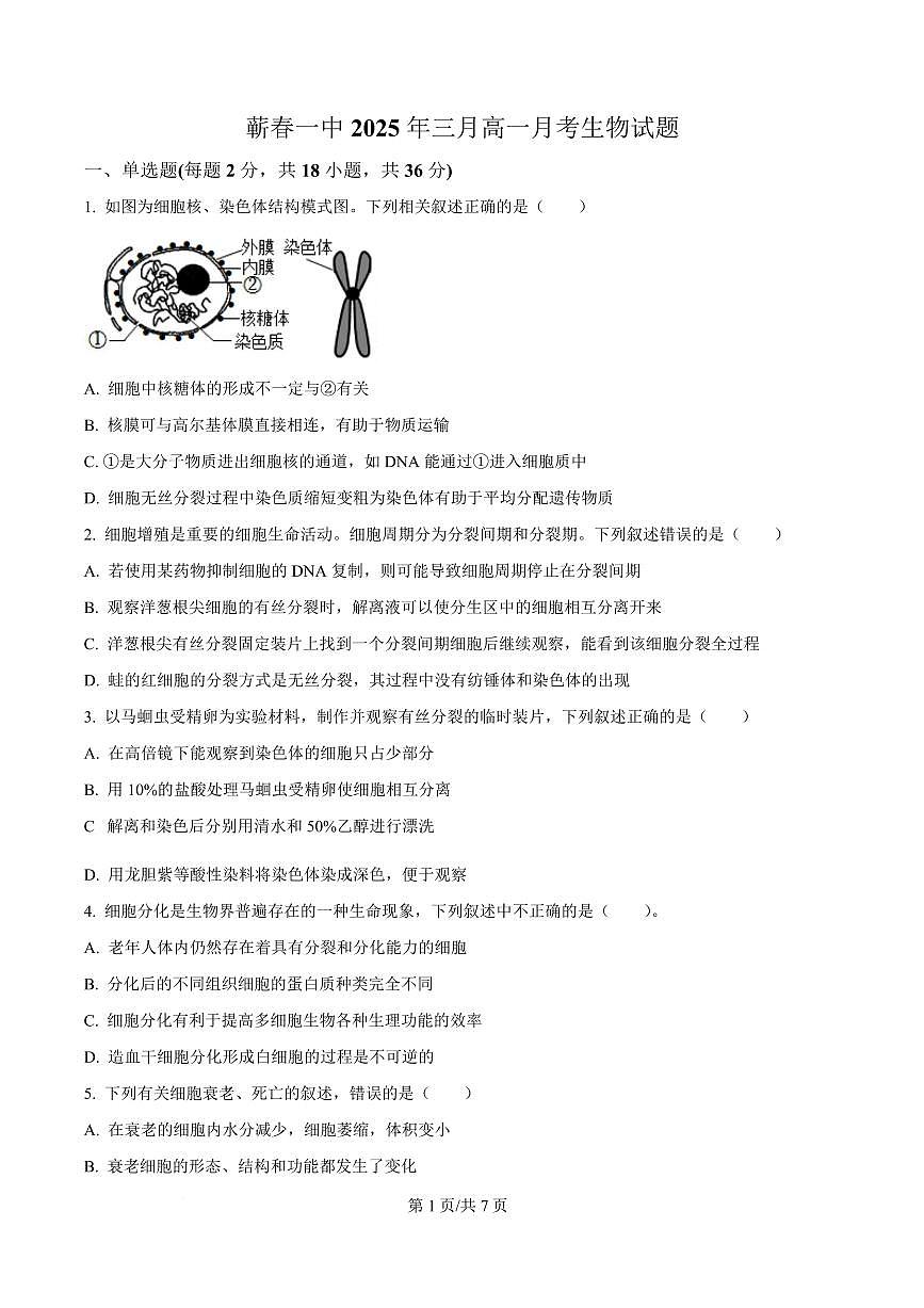 湖北省黄冈市蕲春县第一高级中学2024-2025学年高一下学期3月月考生物试题(原卷版)第1页