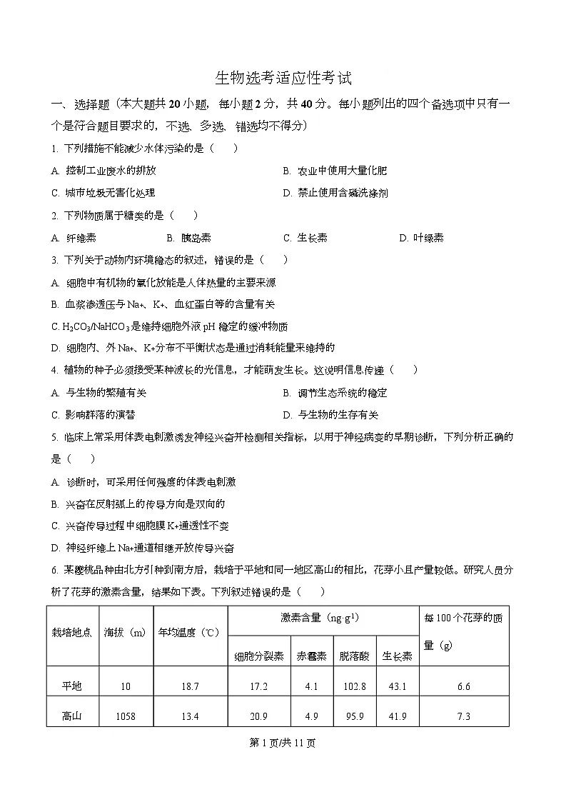2026届浙江省杭州市滨江区杭州第二中学高三模拟预测生物试题(原卷版)第1页