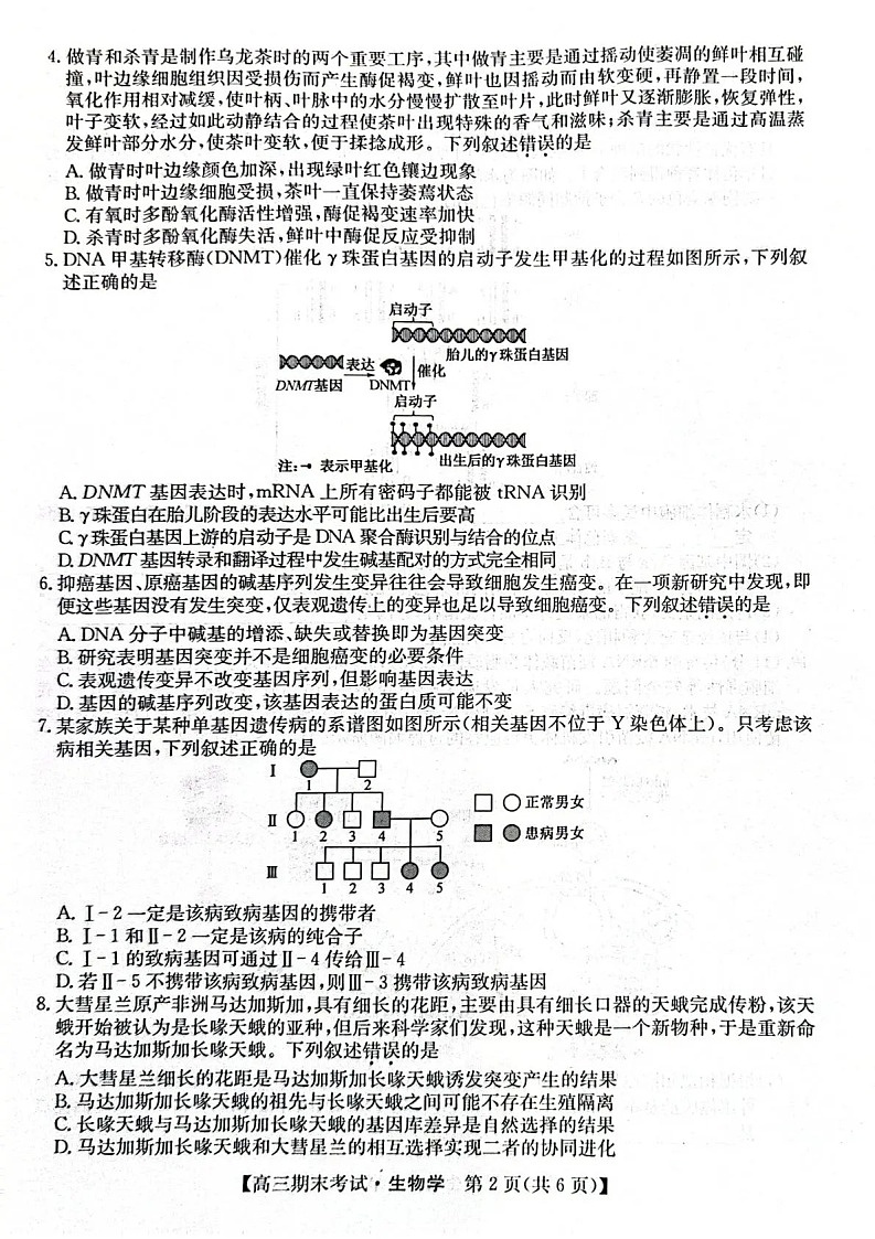 甘肃省酒泉市普通高中2025_2026学年度第一学期期末考试生物试卷第2页