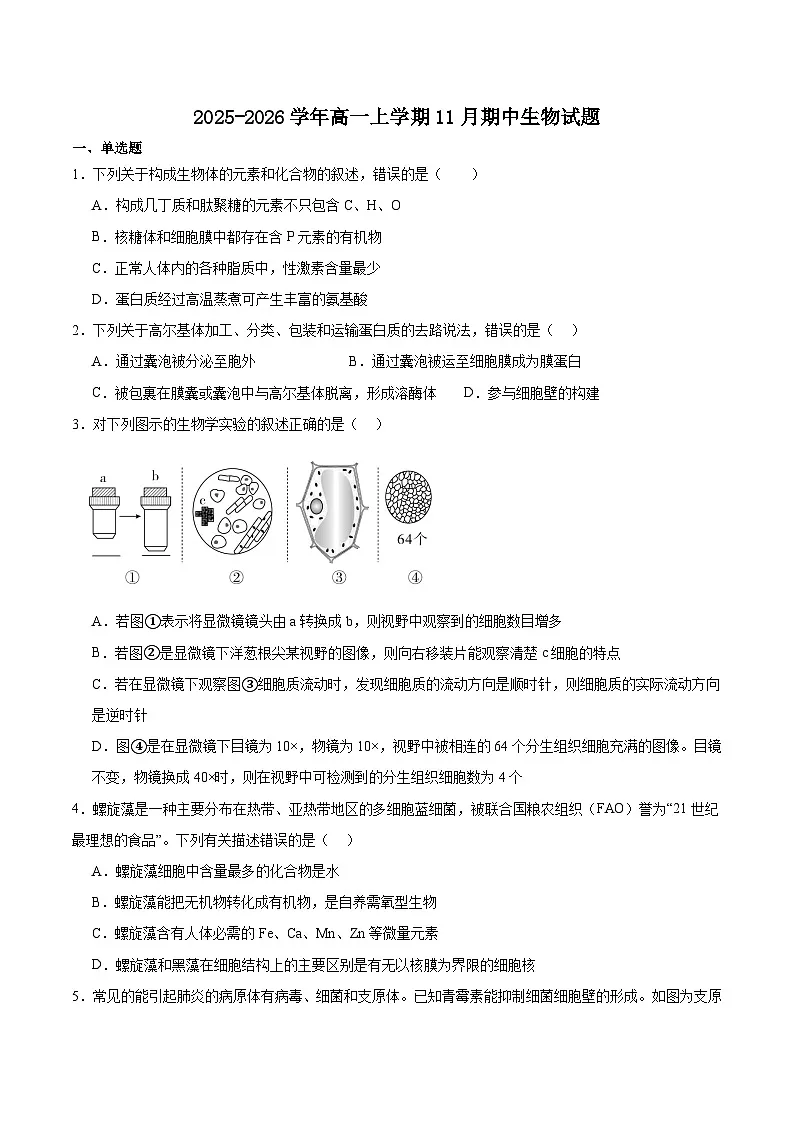 河南省信阳市固始县2025-2026学年高一上学期11月期中联考试题 生物(含答案)第1页