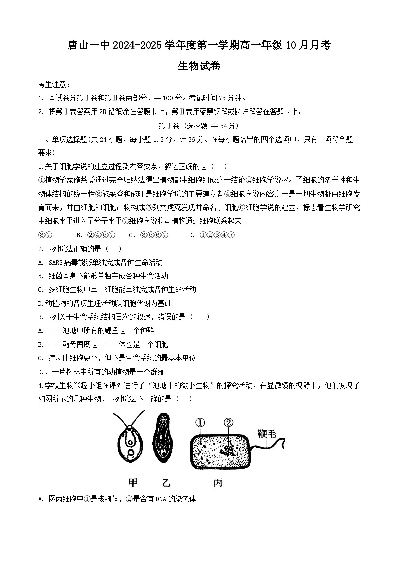 河北省唐山市第一中学2024-2025学年高一上学期10月月考生物试卷(无答案)第1页