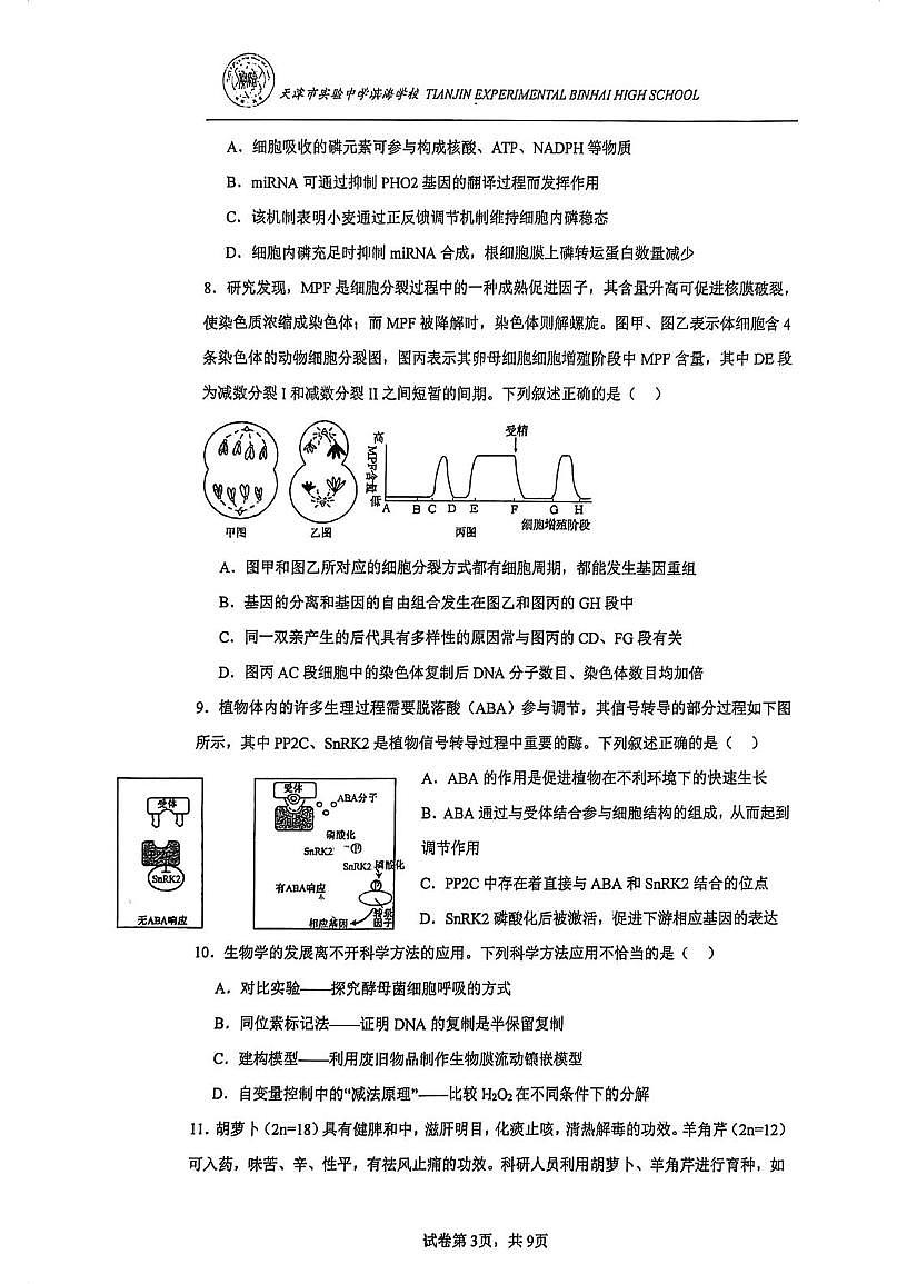 天津市实验中学滨海学校2025—2026学年高三上学期 1月月考生物试卷第3页