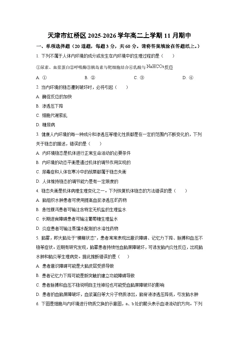 2025-2026学年天津市红桥区高二上学期11月期中生物试卷(学生版)第1页