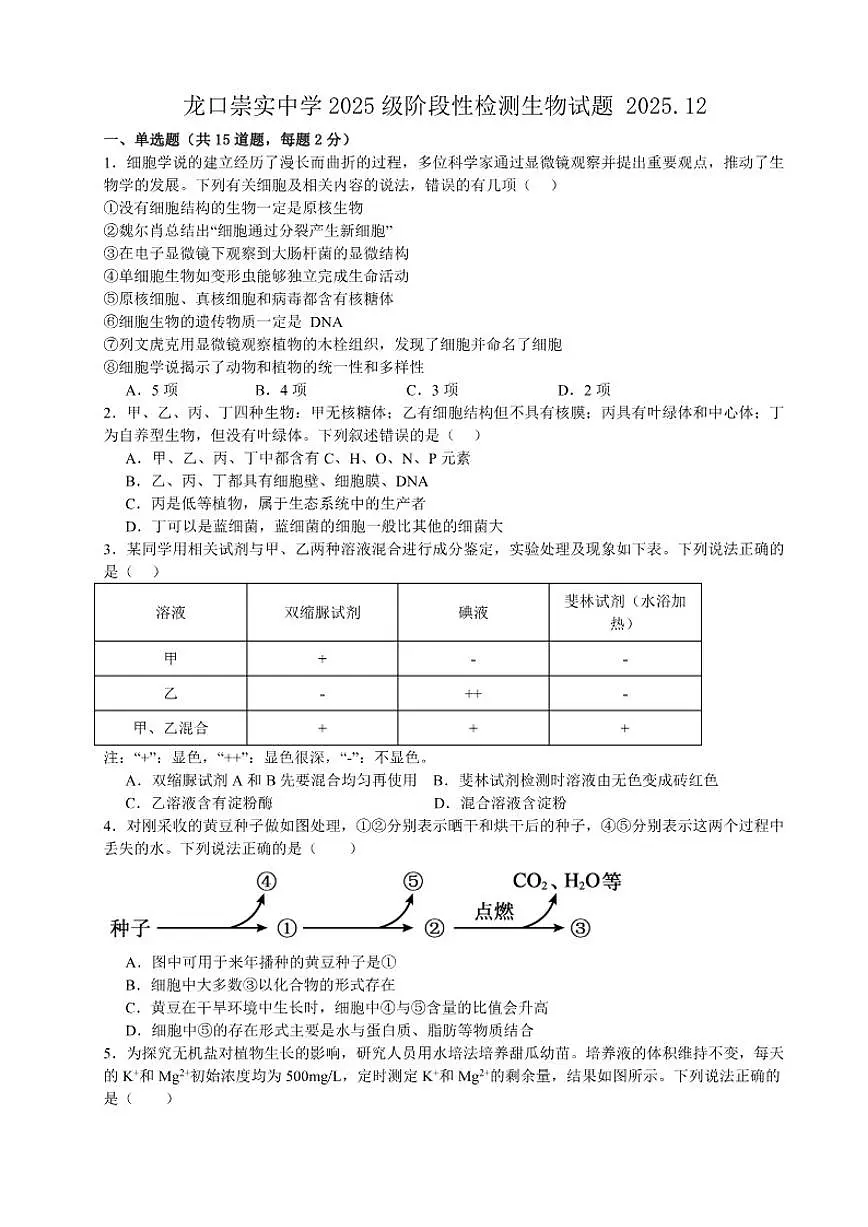 2025-2026学年山东省烟台市龙口某校高一上12月测试生物试题(有答案)第1页