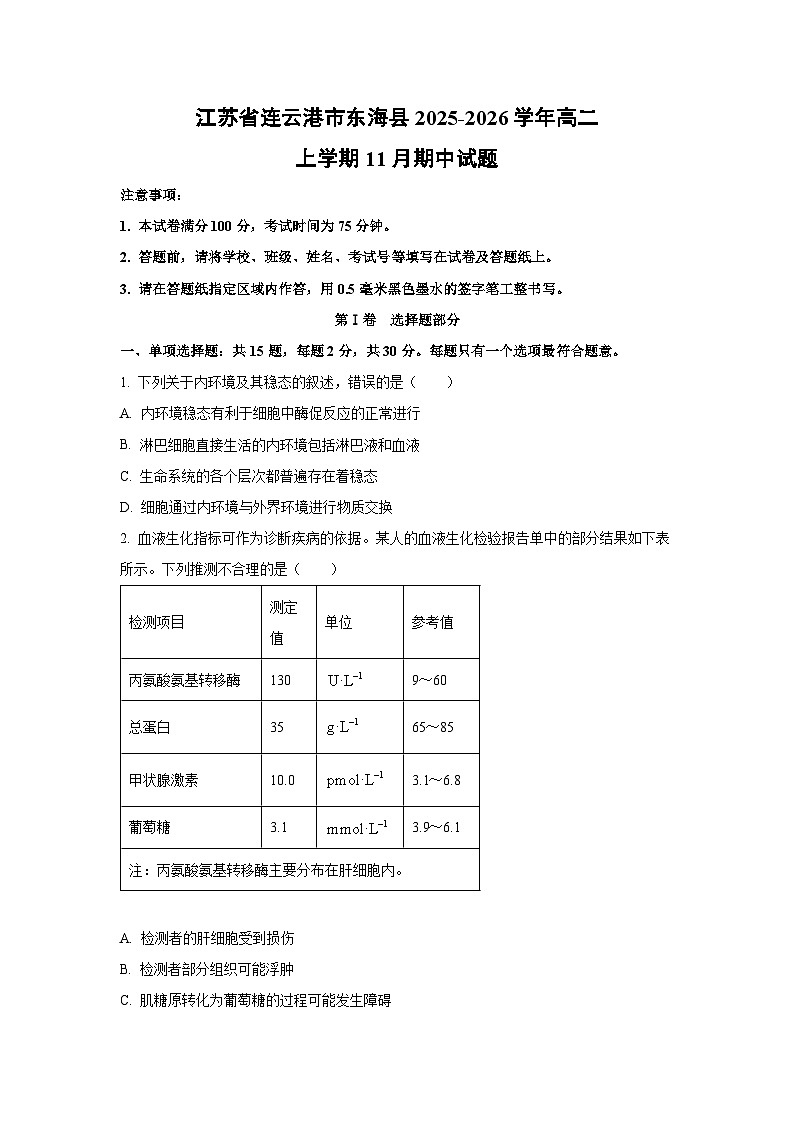 【生物】江苏省连云港市东海县2025-2026学年高二上学期11月期中试题(学生版)第1页