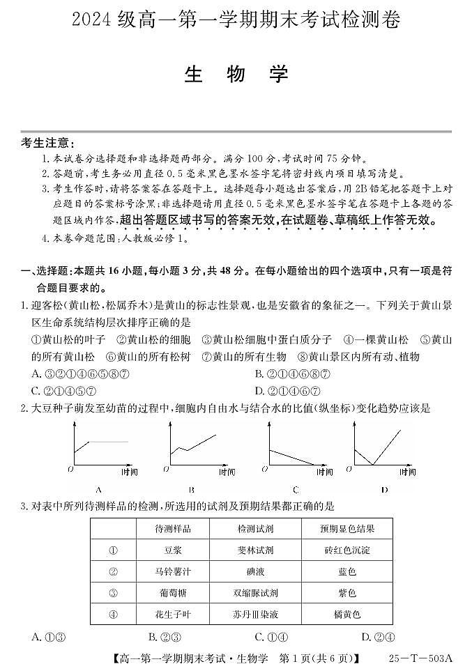 陕西省九师联盟2024-2025学年高一上学期1月期末考试(25-T-503A)生物试卷(无答案)第1页
