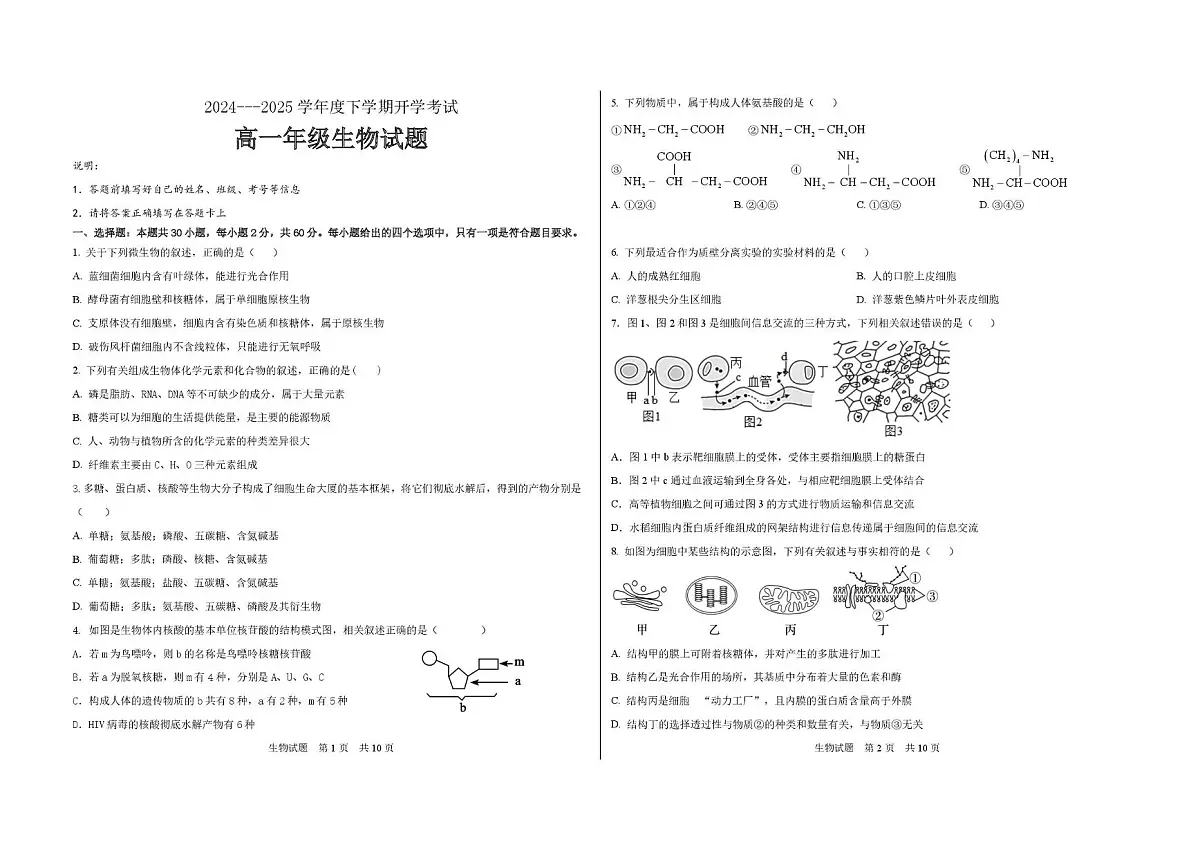 黑龙江省大庆市大庆中学2024-2025学年高一下学期开学生物试卷(无答案)第1页