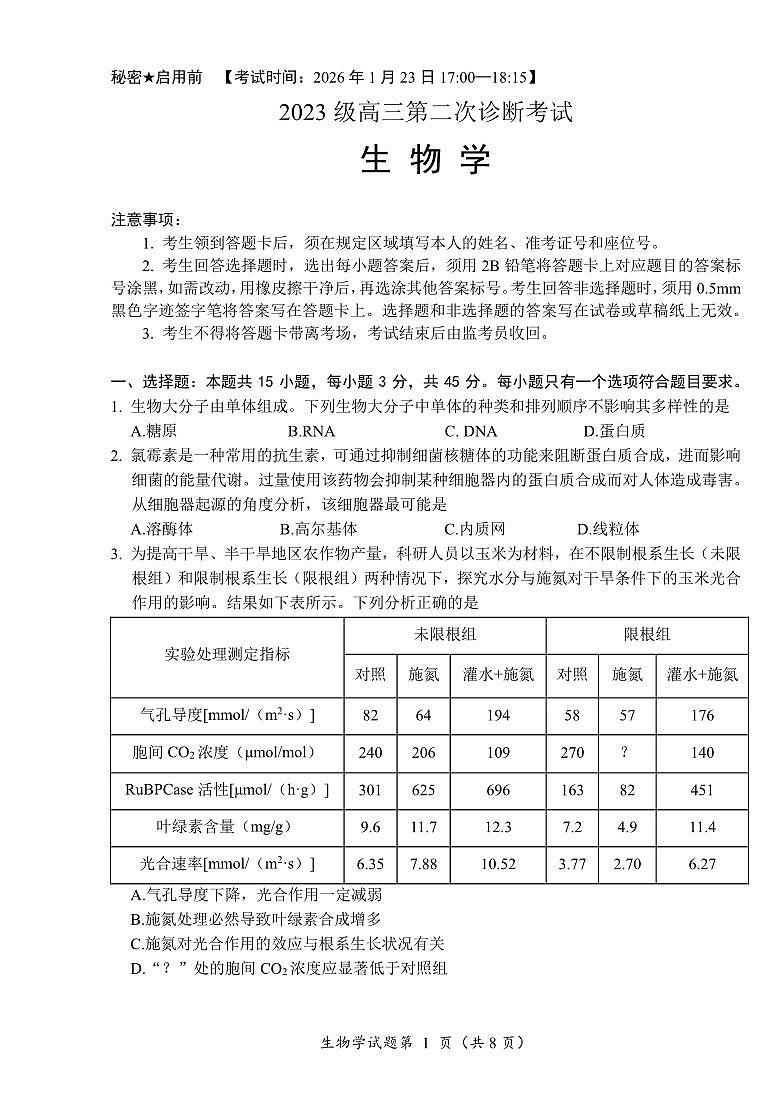 “元三上学期1月维大联考”2023级高三上学期1月第二次诊断考试生物试卷+答案第1页