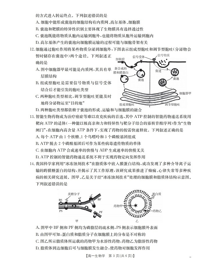 金太阳甘肃省天水市2025-2026学年高一上学期1月月考阶段性检测生物试卷第3页