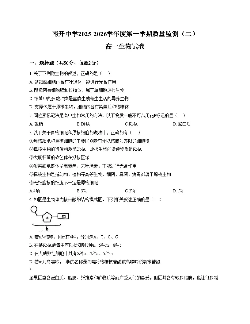 天津市南开区南开中学2025_2026学年高一上学期第二次质量检测生物试题(文字版,含答案)第1页