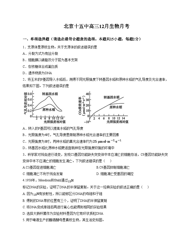 北京市西城区十五中2025_2026学年高三上学期12月月考生物试题(文字版,含答案)第1页