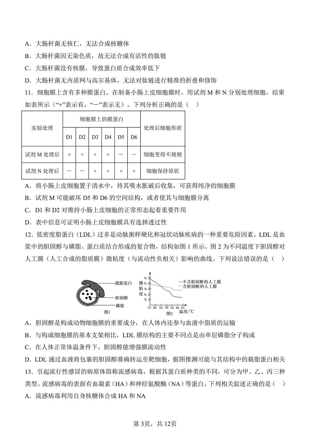 山东省济南第一中学2025-2026学年高一上学期1月学情检测生物试卷(无答案)第3页