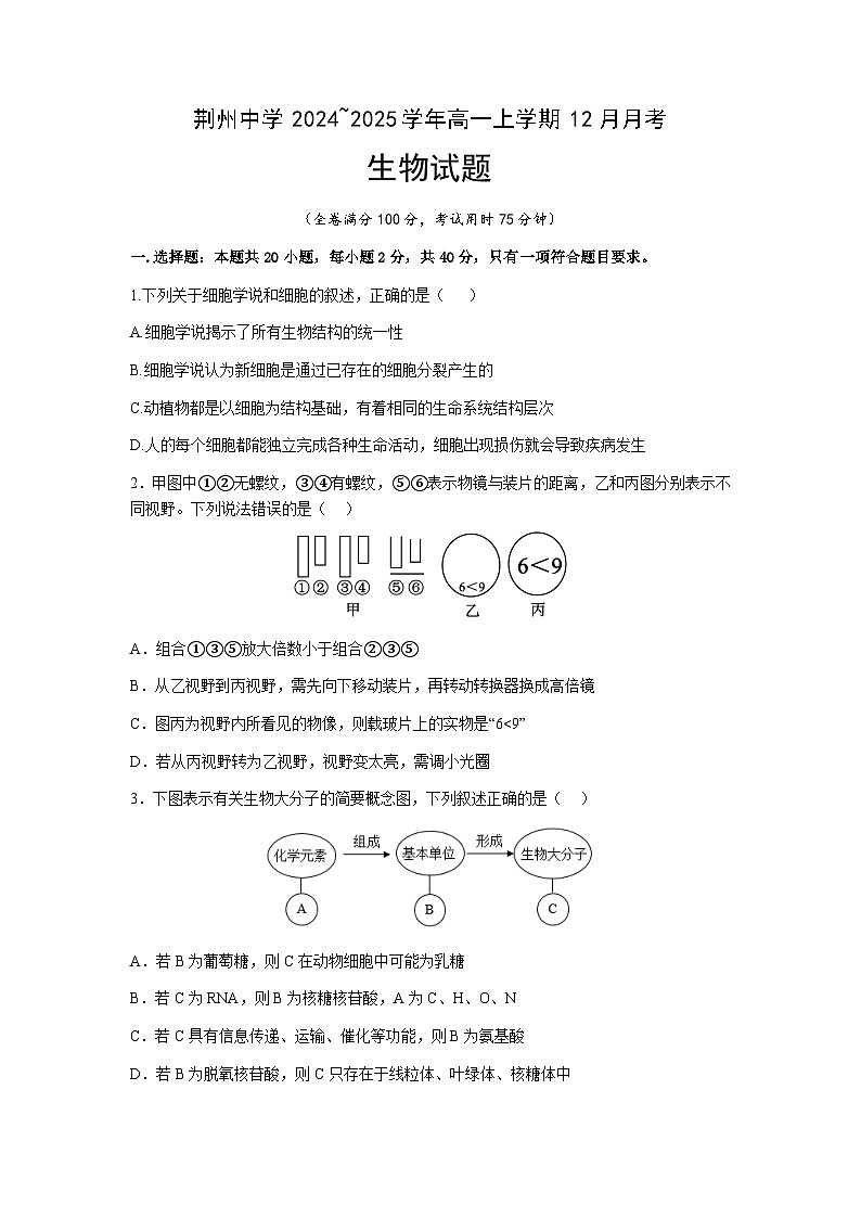 荆州中学2024级12月月考生物试卷第1页