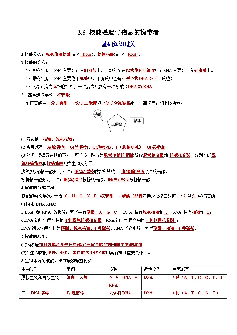 2.5 核酸是遗传信息的携带者(课后练习)--2025-2026学年高一上学期《生物》(人教版)必修1第1页