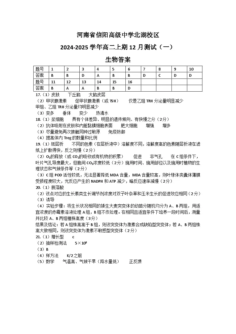 河南省信阳高级中学北湖校区2024-2025学年高二上期12月测试(一)生物答案第1页