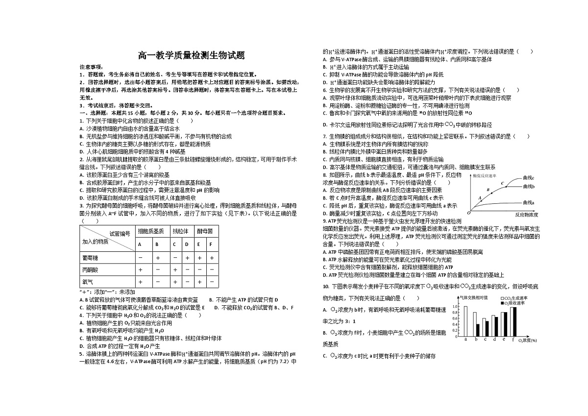山东省菏泽市第一中学2024-2025学年高一12月月月考生物试题第1页