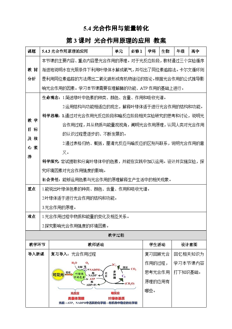 5.4 光合作用与能量转化(第3课时 光合作用原理的应用)教学设计---2025-2026学年高一上学期《生物》(人教版)必修1第1页