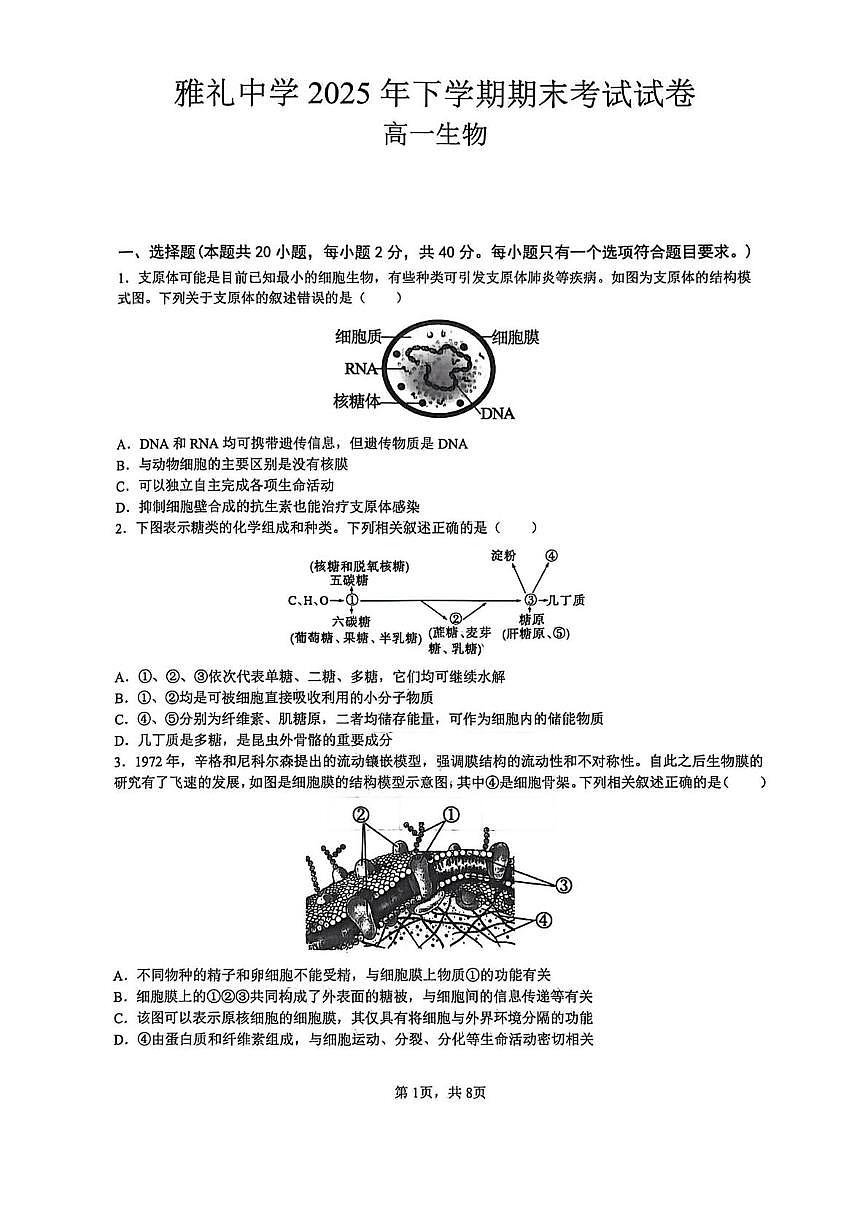 生物-湖南省长沙市雅礼中学2025-2026学年高一上学期期末试卷及答案第1页
