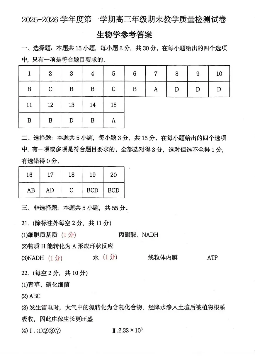 2025—2026学年度第一学期高三年级期末教学质量检测生物答案第1页