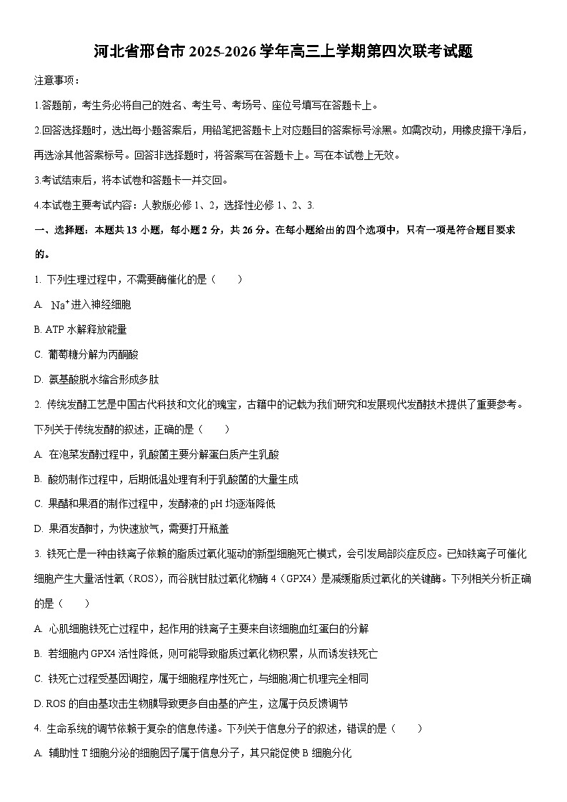 2025-2026学年河北省邢台市高三上学期第四次联考生物试卷(学生版)第1页