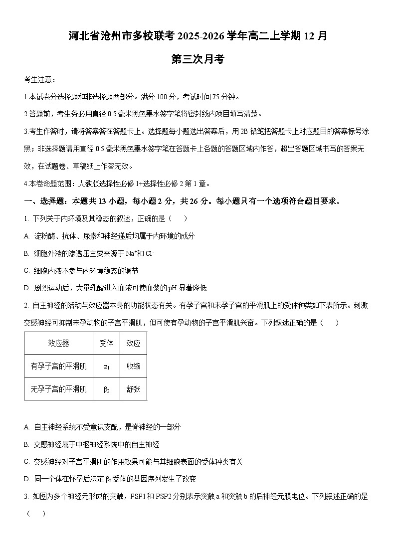 2025-2026学年河北省沧州市多校联考高二上学期12月第三次月考生物试卷(学生版)第1页