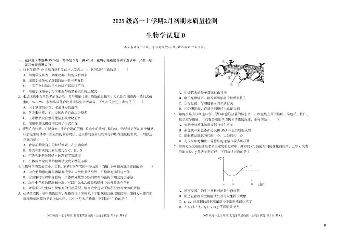 2025-2026学年安徽省A10联盟上学期期末高一生物学B试卷(含答案)第1页