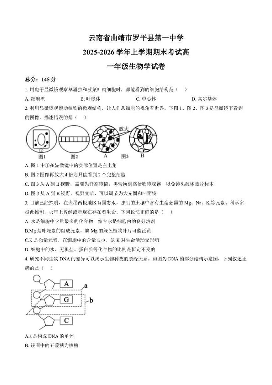 2025-2026学年云南省曲靖市罗平县第一中学上学期期末考试高一年级生物学试卷(含答案)第1页