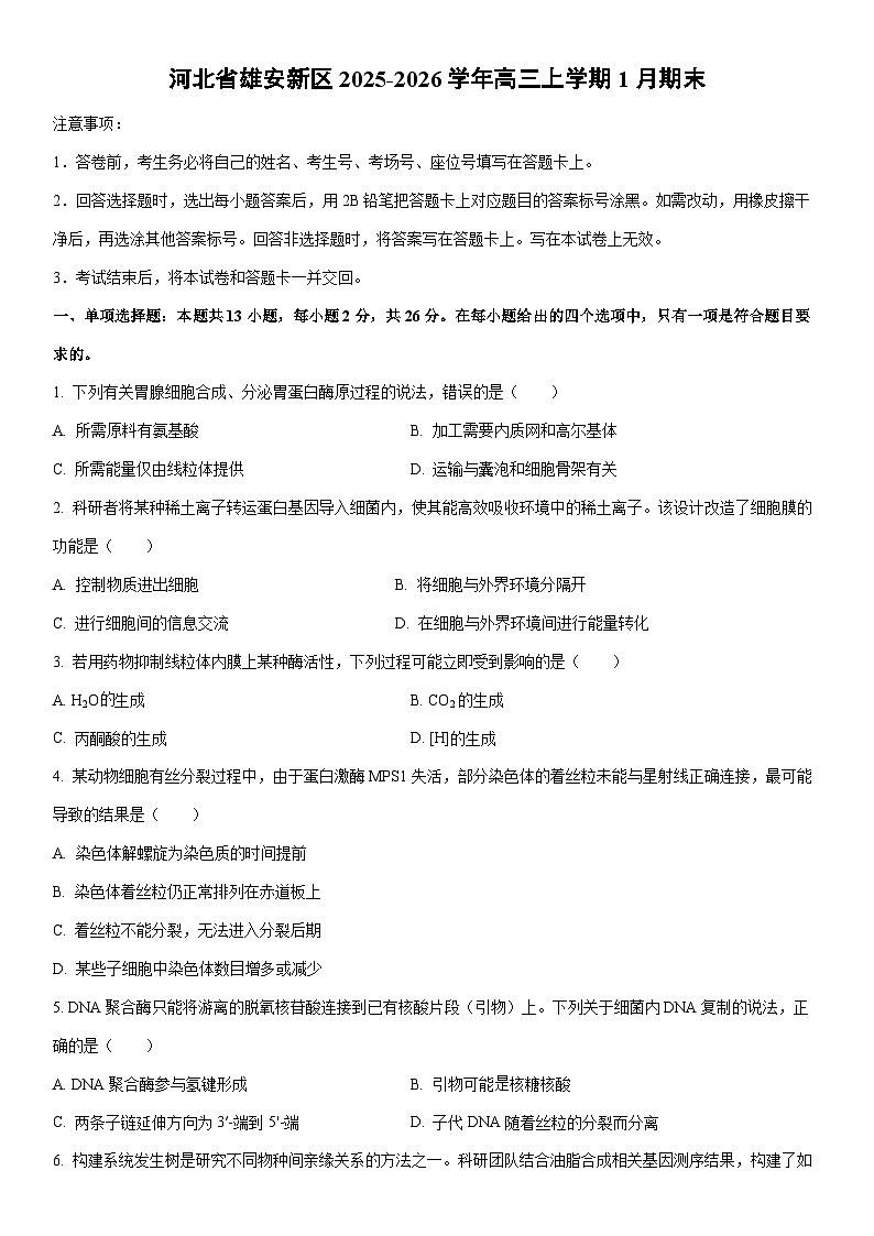 2025-2026学年河北省雄安新区高三上学期1月期末生物试卷(学生版)第1页