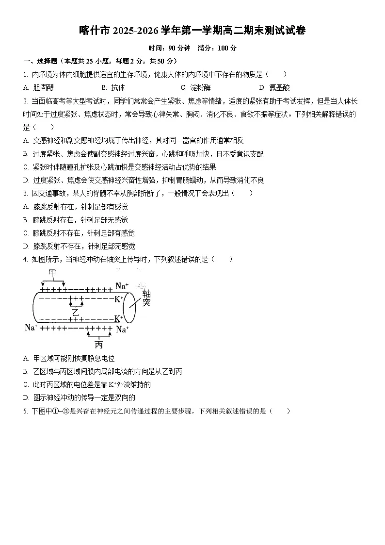 2025-2026学年喀什市第一学期高二期末测试生物试卷(学生版)第1页