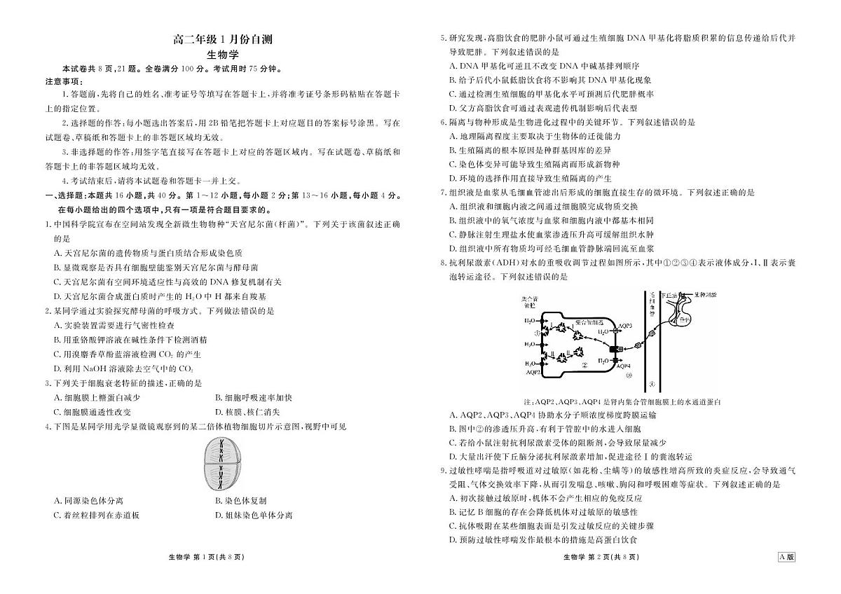高二年级1月份自测生物正文A版第1页