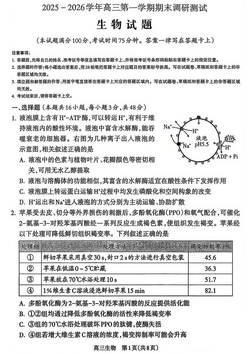 2025-2026学年山西吕梁市高三第一学期期末调研测试生物试卷(含答案)第1页