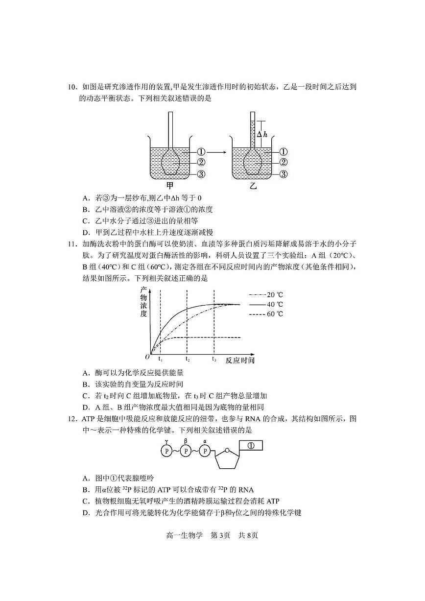攀枝花市2025-2026学年度高一(上)教学质量监测样卷生物第3页