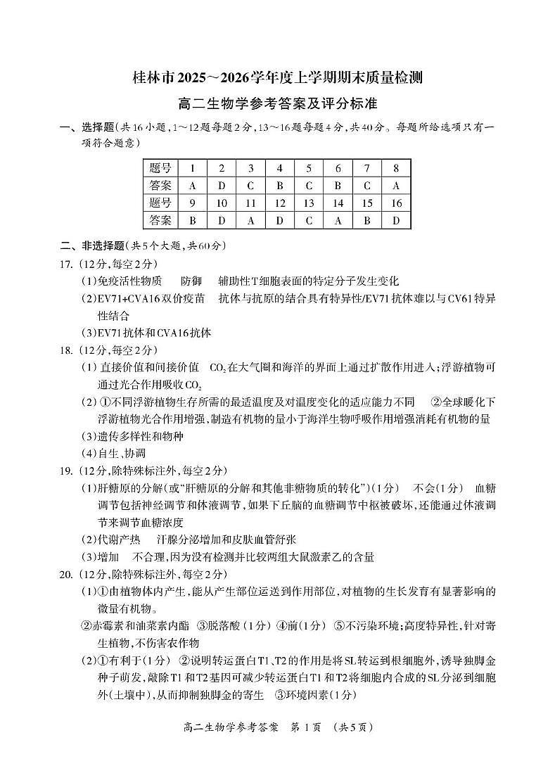 2025-2026学年度上学期期末质量检测高二年级生物 高二生物答案_Print (1)第1页