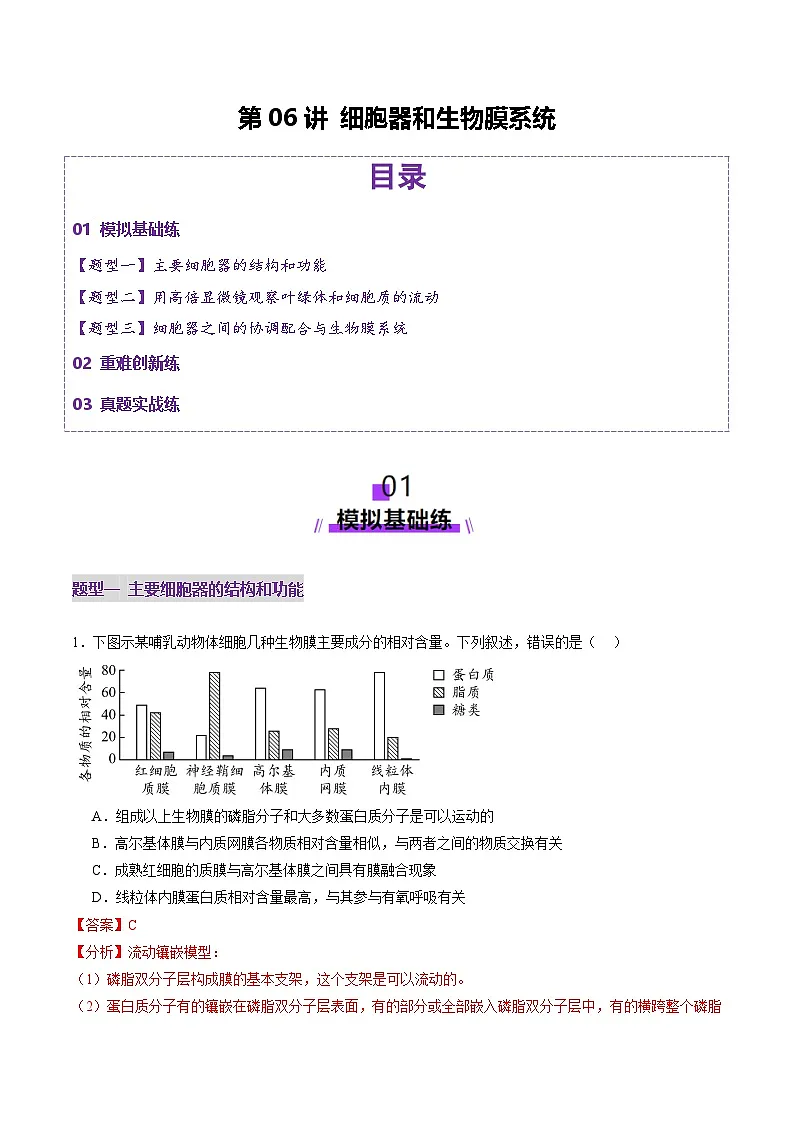 高考生物一轮-细胞器和生物膜系统(练习)(解析版)第1页