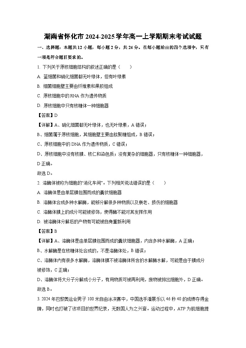 【生物】湖南省怀化市2024-2025学年高一上学期期末考试试题(解析版)第1页