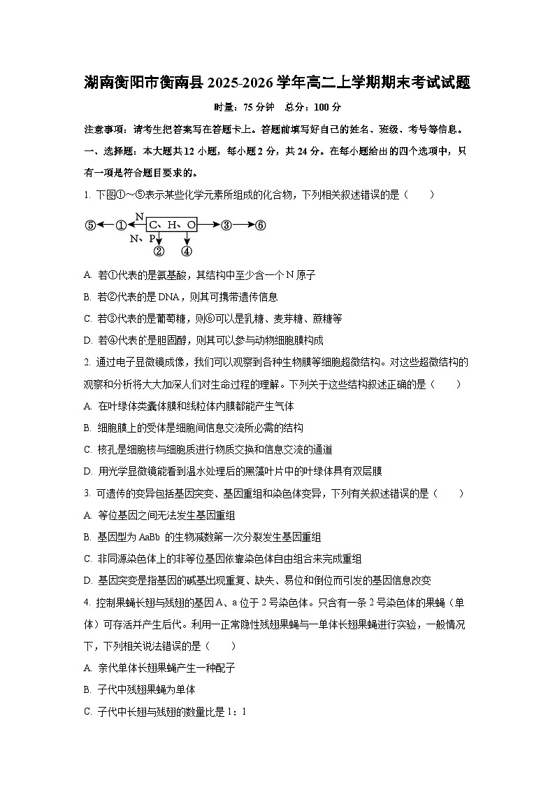 【生物】湖南衡阳市衡南县2025-2026学年高二上学期期末考试试题(学生版)第1页
