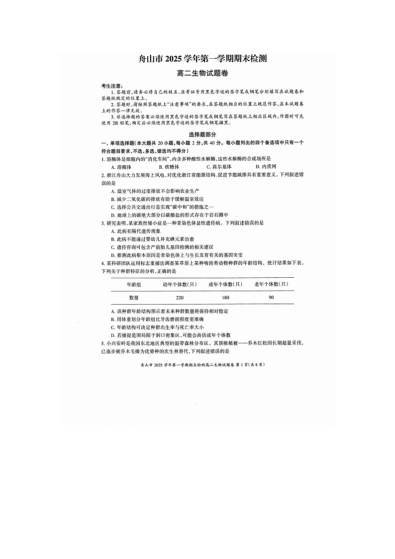 舟山市2025-2026学年高二上学期期末检测生物卷含答案第1页