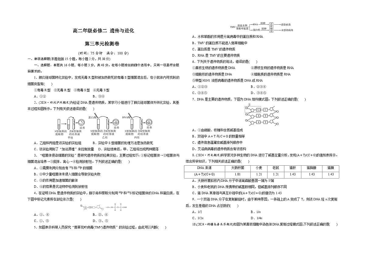 【单元测试卷】人教版高中生物第三章基因的本质单元检测卷(原卷)第1页
