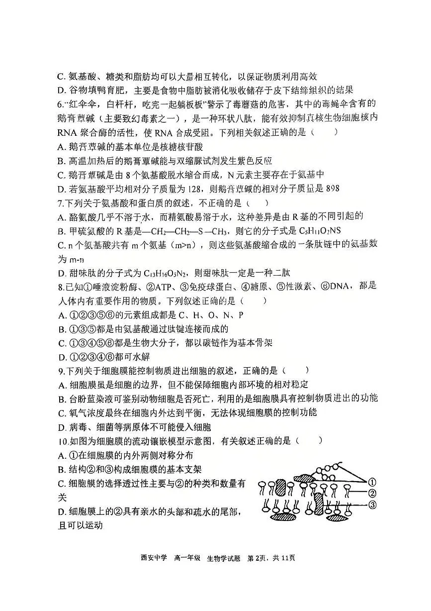 陕西西安中学2025-2026学年度第一学期期末考试高一生物学试题第2页