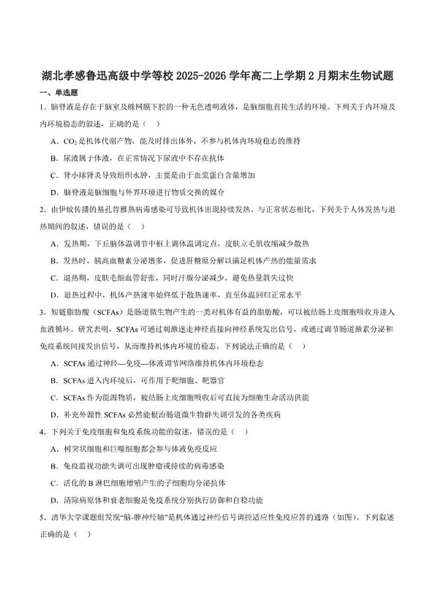 2025-2026学年湖北省孝感市楚天协作高二上学期期末考试生物试卷(含答案)第1页
