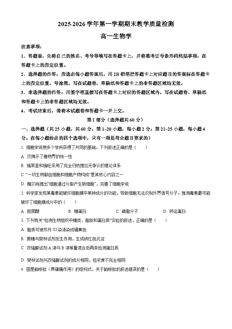 广东深圳市2025-2026学年第一学期期末教学质量检测高一生物学(试卷+解析)第1页